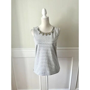J. Crew Jeweled Neck Cotton Gray White Stripe Tank Top Shell S